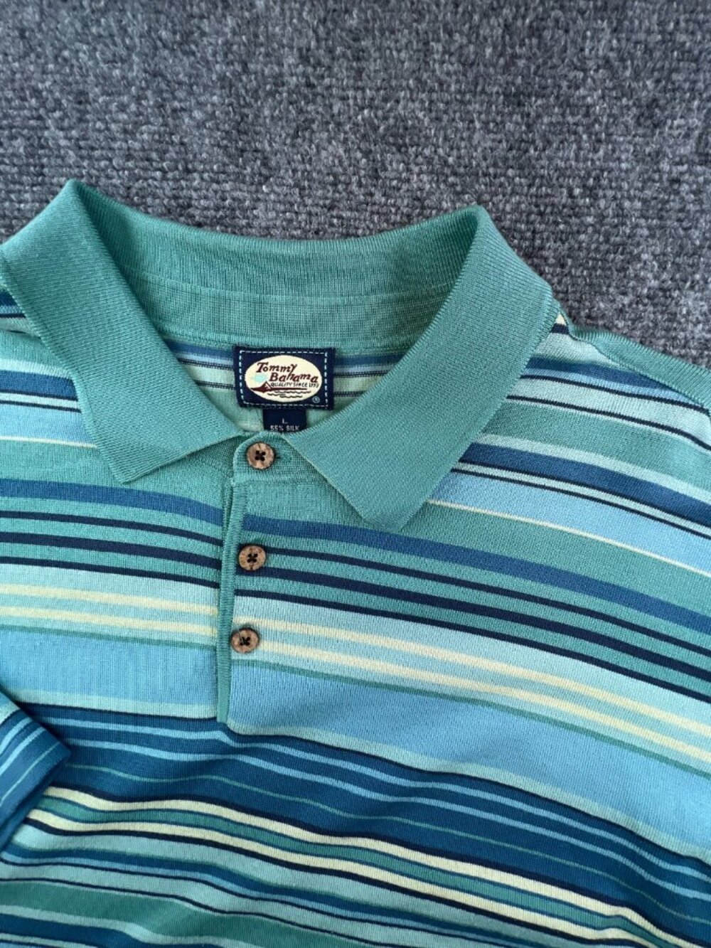 Tommy Bahama Polo Shirt Mens Large Silk Blend Blue Green Short Sleeve Striped - Picture 5 of 14